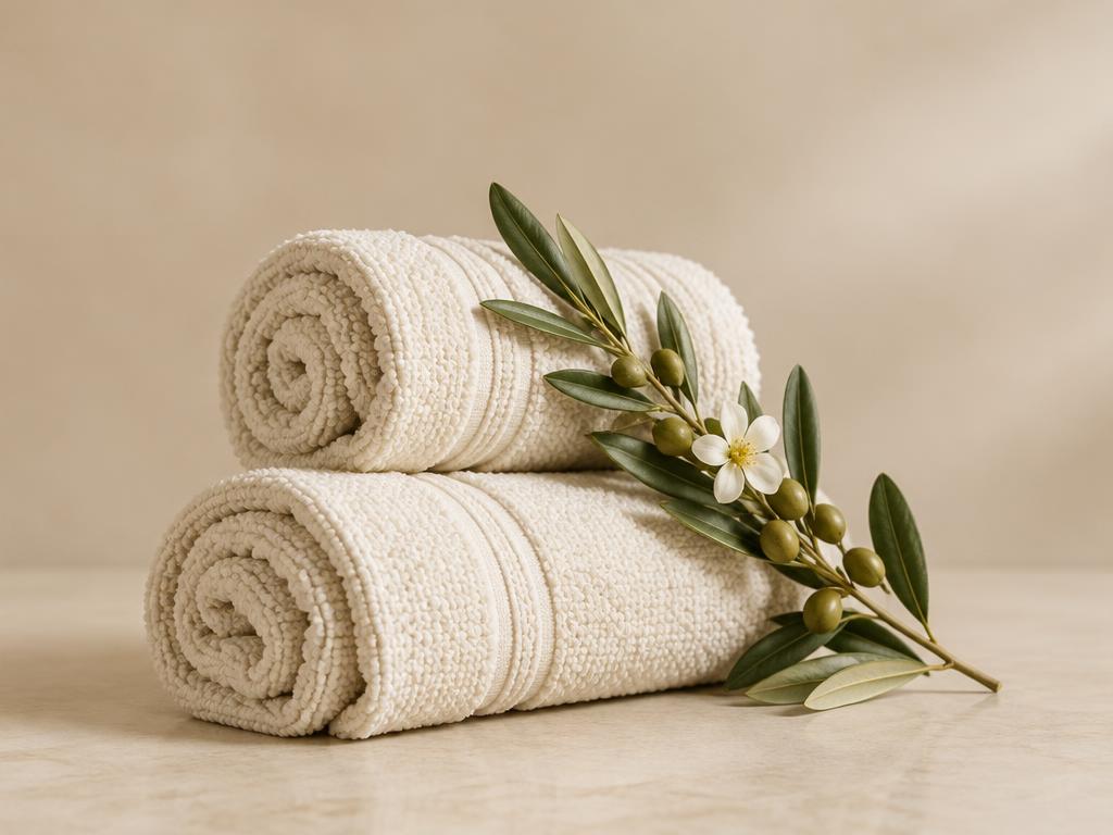 Rolled spa towels with olive branch